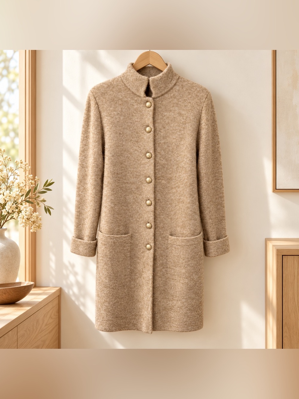 Adrienne Vittadini Beige Long Cardigan Gold Lion Buttons Size L NWT